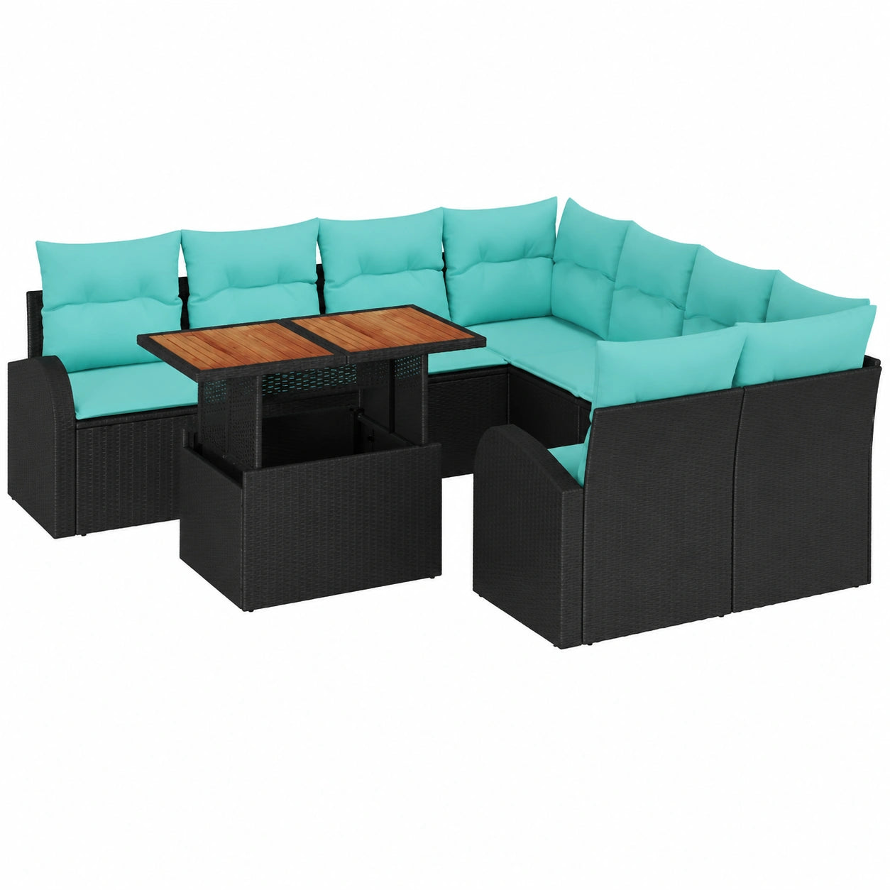 Set da Giardino 9 Pezzi in Rattan Sintetico Nero con Spazio di Archiviazione