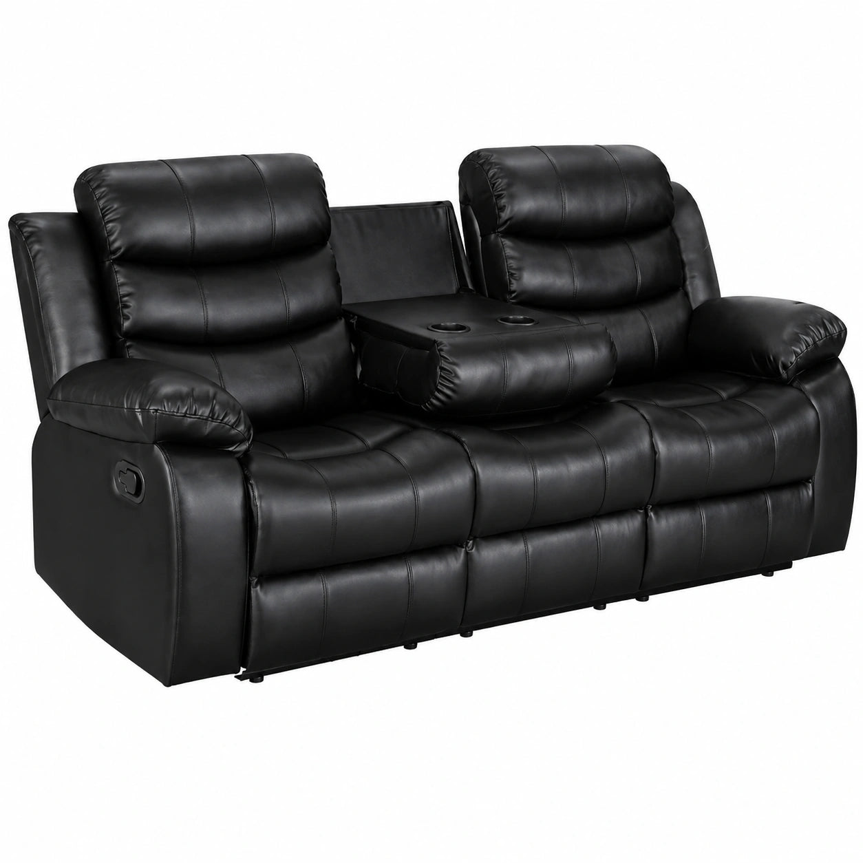 Divano 3 Posti in Pelle Nera Reclinabile con Portabicchieri – Comfort Moderno e Imbottitura Extra – Dimensioni 200x90x90 cm