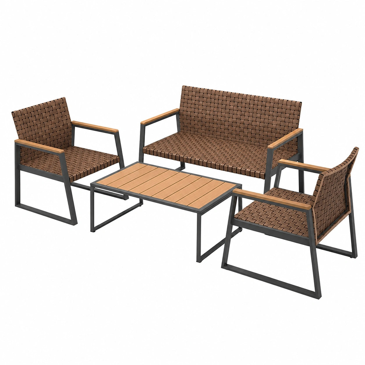 Set Arredo Esterno in Polyrattan con Tavolo e Sedute, Resistente ai Raggi UV (Senza Cuscini)