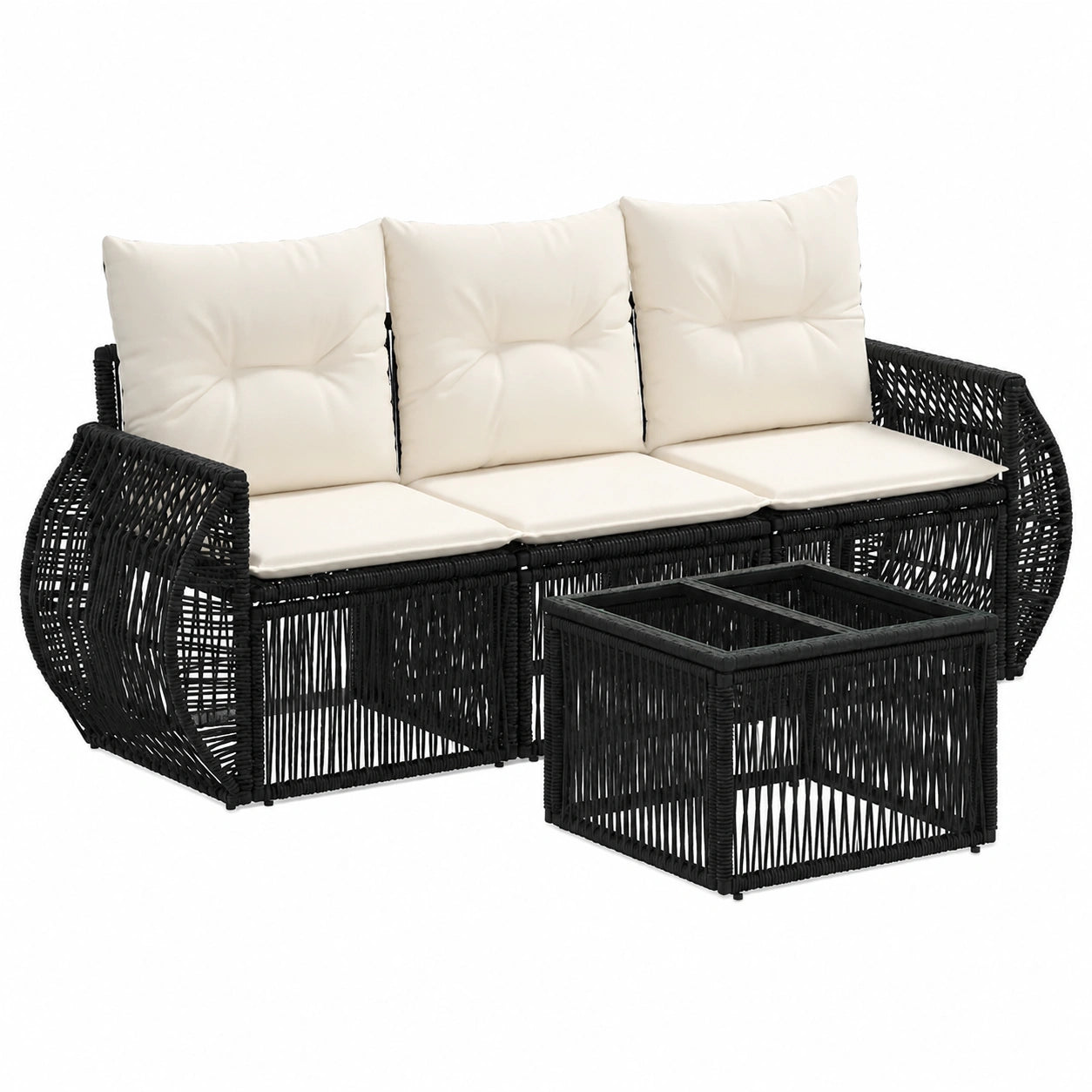 Set Divani da Giardino 4 Pezzi Nero e Crema, Resistente alle Intemperie con Cuscini