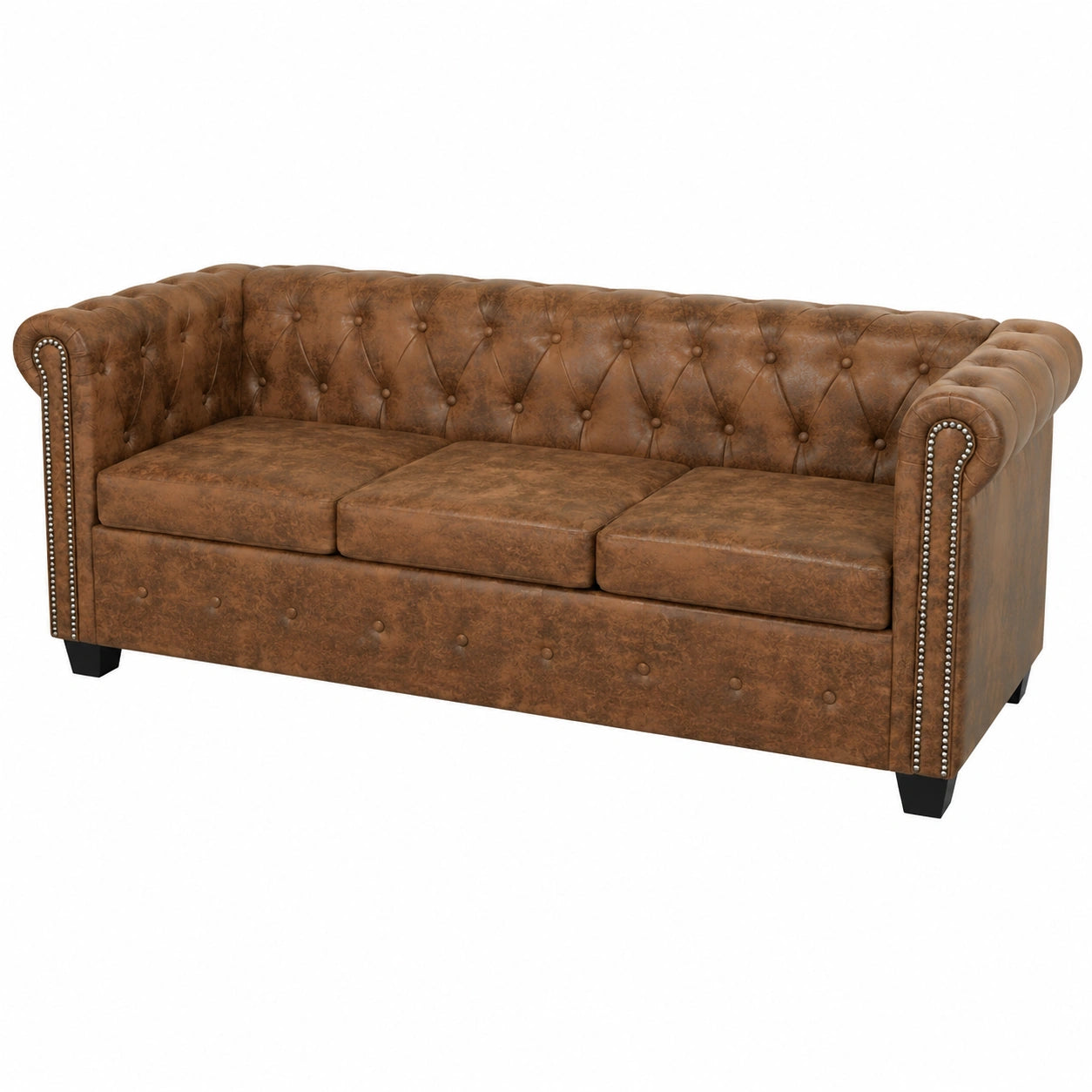Divano Chesterfield 3 Posti in Finta Pelle Marrone con Funzione Letto