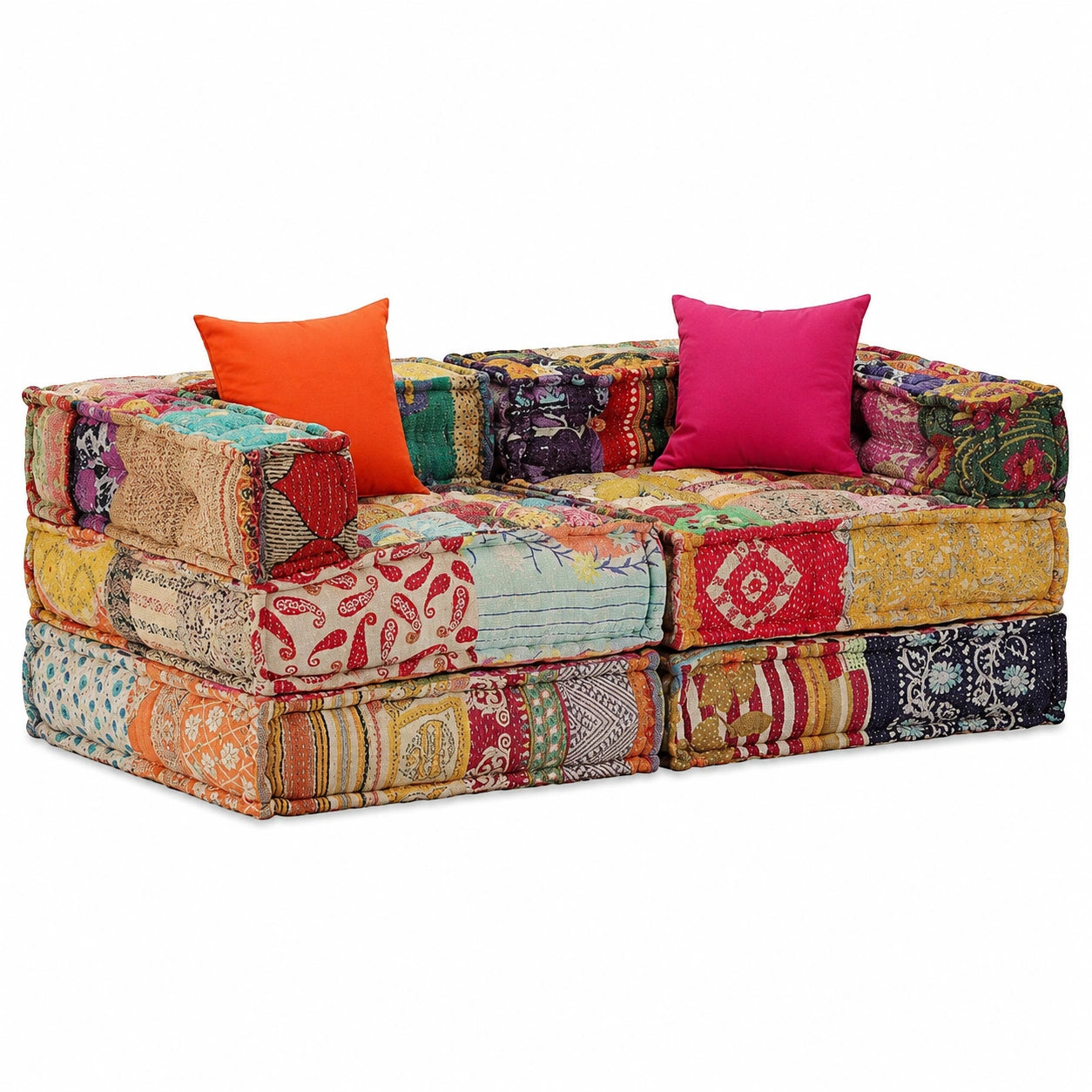 Pouf Modulare a 2 Posti in Tessuto Patchwork per Soggiorno