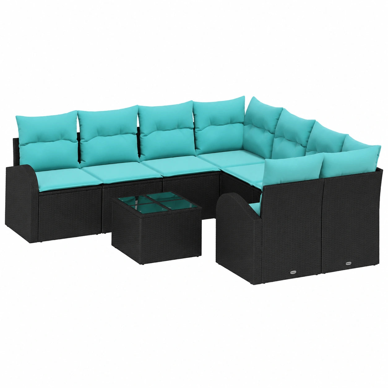 Set Divani da Giardino in Polyrattan Nero e Turchese 9 Pezzi, Modulare e Resistente ai Raggi UV