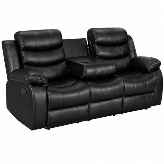 Divano 3 Posti in Pelle Nera Reclinabile con Portabicchieri – Comfort Moderno e Imbottitura Extra – Dimensioni 200x90x90 cm