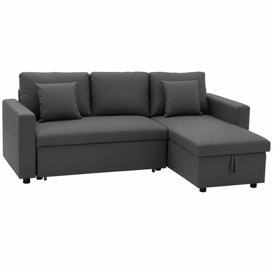 Divano angolare trasformabile Clark 3 posti in ecopelle grigia con letto reversibile e vano contenitore