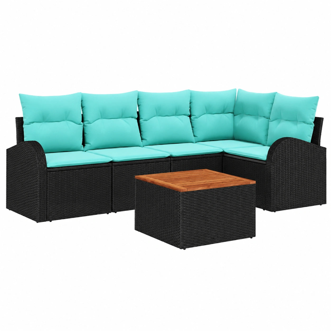 Set Divano da Giardino 6 Pezzi in Polyrattan Nero e Turchese, Arredo Esterno Modulabile Resistente ai Raggi UV