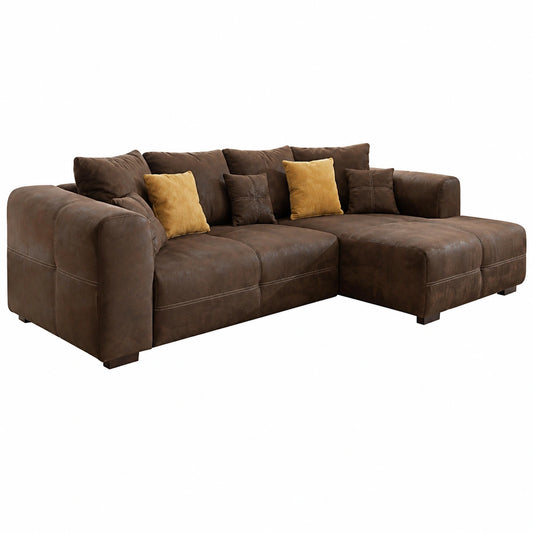 Cavadore Mavericco - Divano angolare in microfibra effetto pelle anticata, chaise-longue destra, marrone, 285x69x170 cm