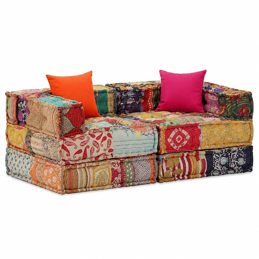 Pouf Modulare a 2 Posti in Tessuto Patchwork per Soggiorno