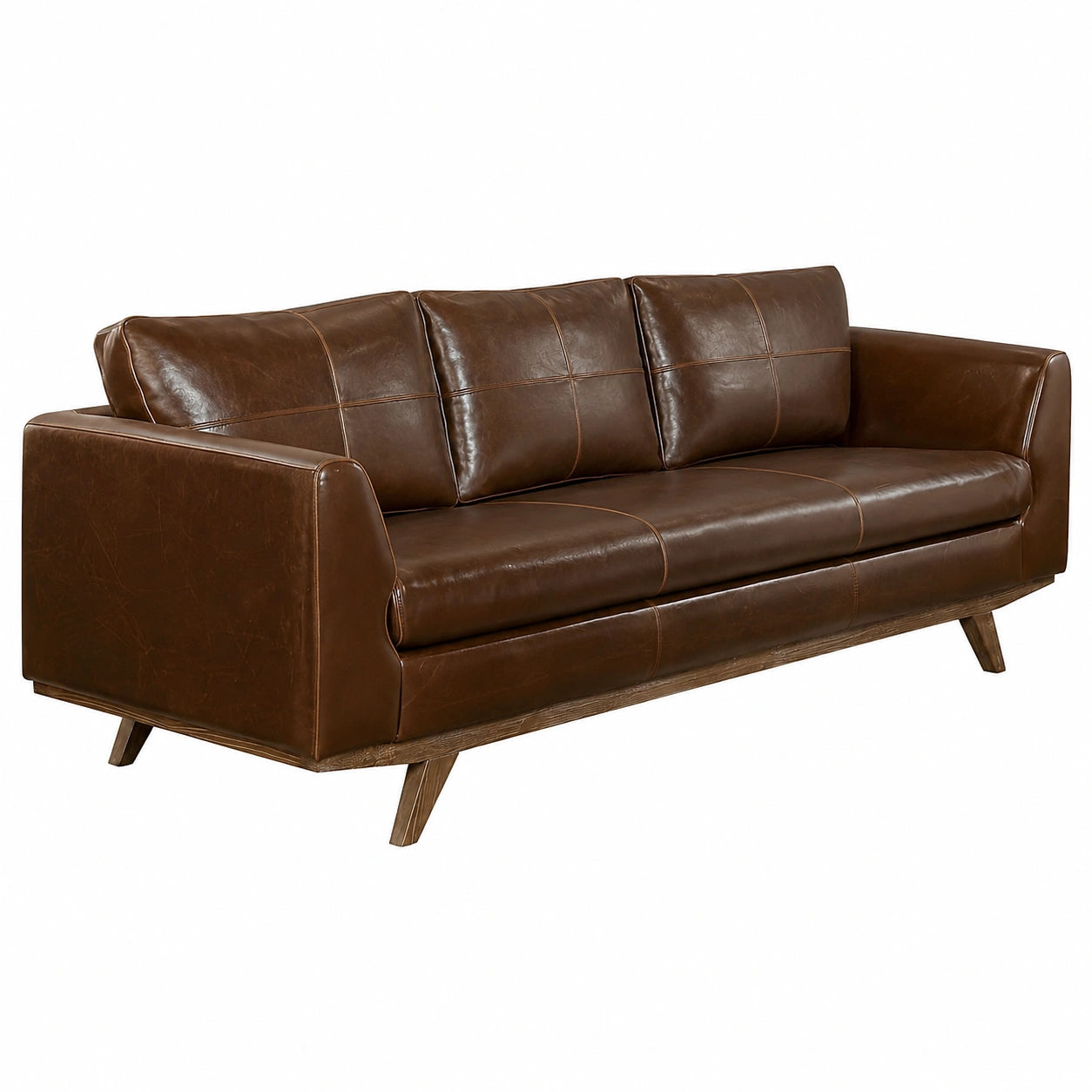 Divano a 3 posti in pelle marrone vintage con base in legno e rivestimento sfoderabile