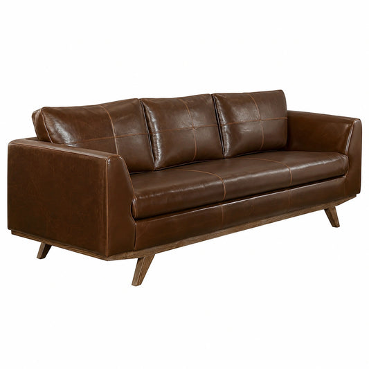 Divano a 3 posti in pelle marrone vintage con base in legno e rivestimento sfoderabile
