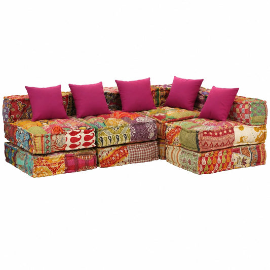 Divano Modulabile 4 Posti in Tessuto Patchwork per Soggiorno